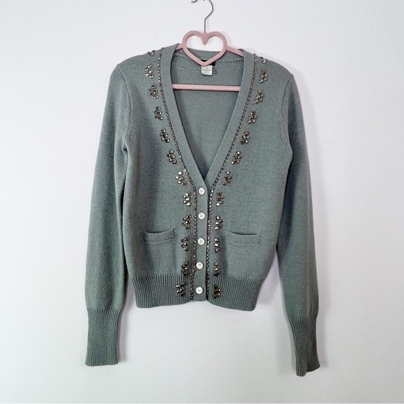 J. Crew Sweaters - J.Crew Light Grey Green Alpaca Merino Embellished Cardigan With Pockets Size XS